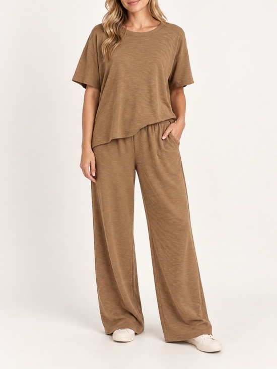 Zenana Outfitters Pants - Zenana Light Mocha Textured Knit Two-Piece Top & Wide Leg Pants Set - NWOT
